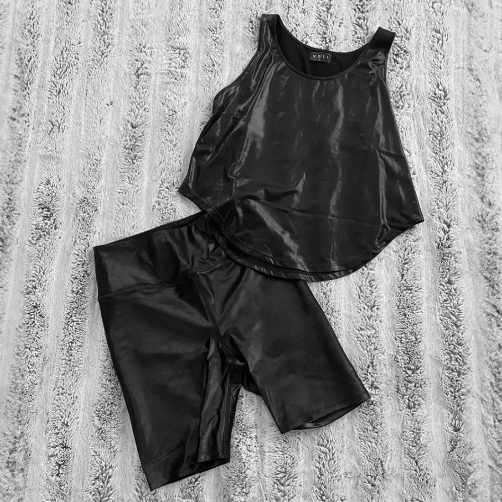 Black Dark Glossy Shine Active Sporty Flowy Tank Top + Spandex Biker Shorts